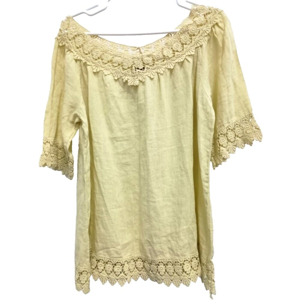 Piaza Roma Tunic Top Womans Small Yellow Linen Crochet Coastal Beach BOHO